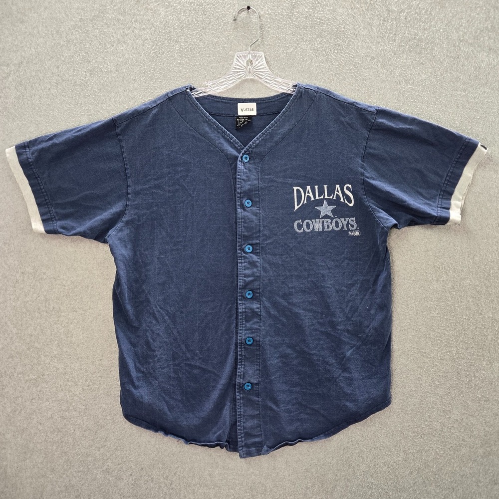 VINTAGE Dallas Cowboys Men Shirt Large Blue Button‎ Up Logo V Neck Short Sleeve